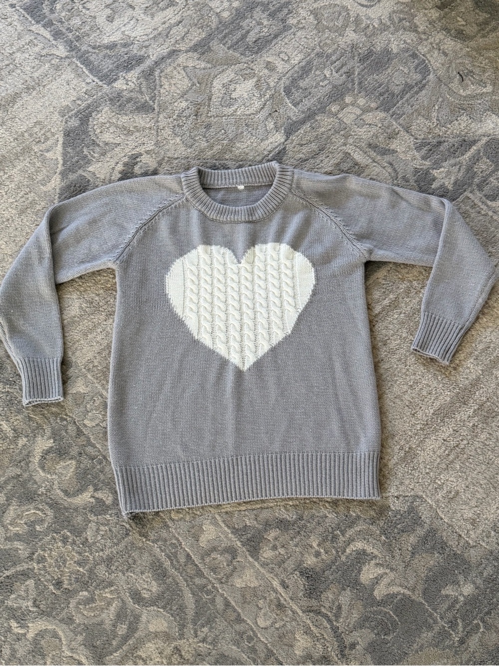 Gray Crewneck Sweater with White Cable-Heart